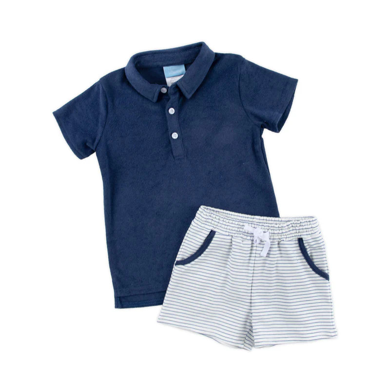 Navy Stripe Terry Polo Short Set | Classic Whimsy