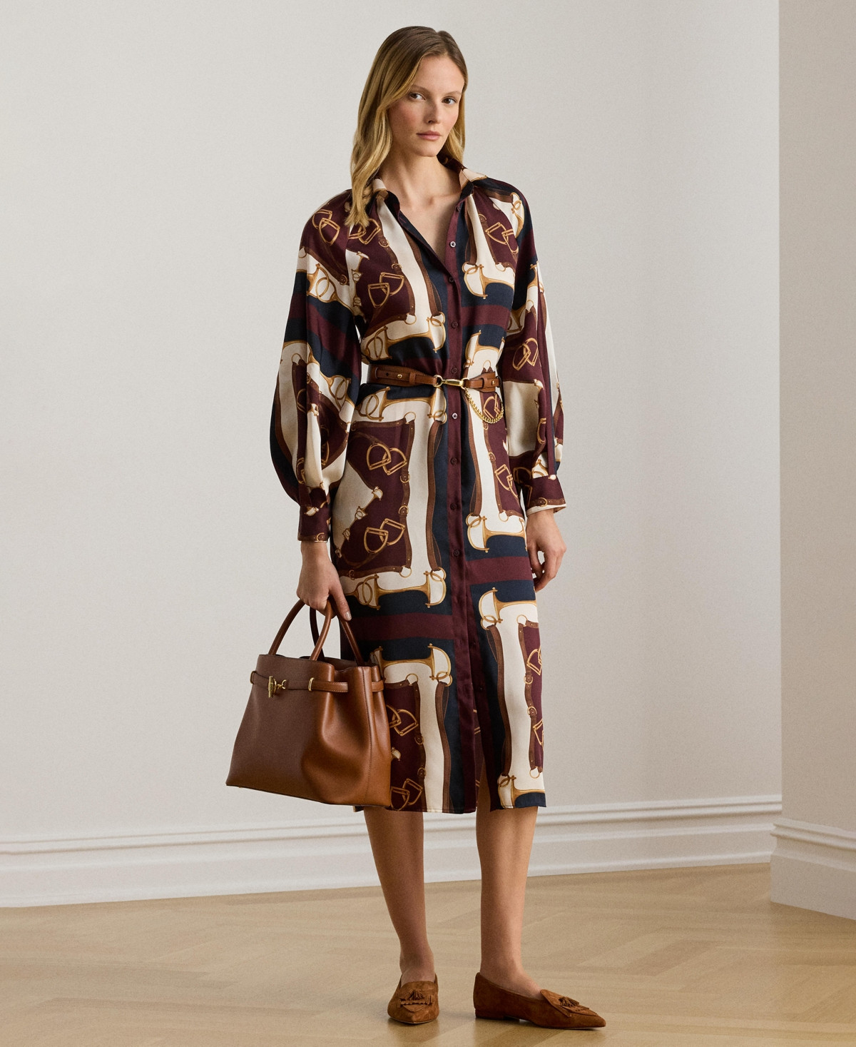 Lauren Ralph Lauren Women's Equestrian-Print Twill Midi Shirt Dress - Navy/Cream Multi | Macy's