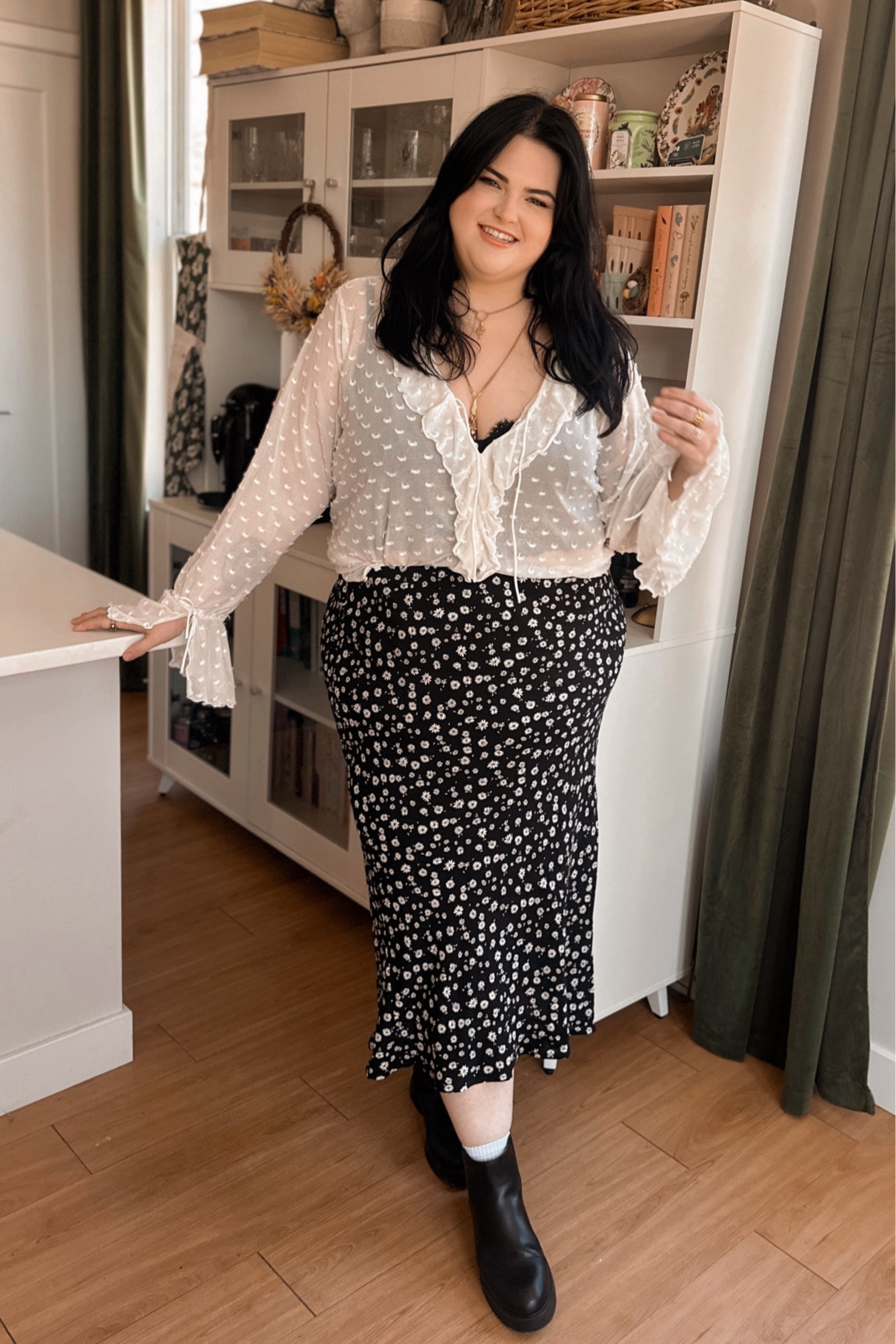 Dark aesthetic outfit for spring ! Western goth vibes. 90s style outfit. Wearing XXL in the skirt and 2X in the top. Top is on sale for $25. Anthropologie finds. Target finds  