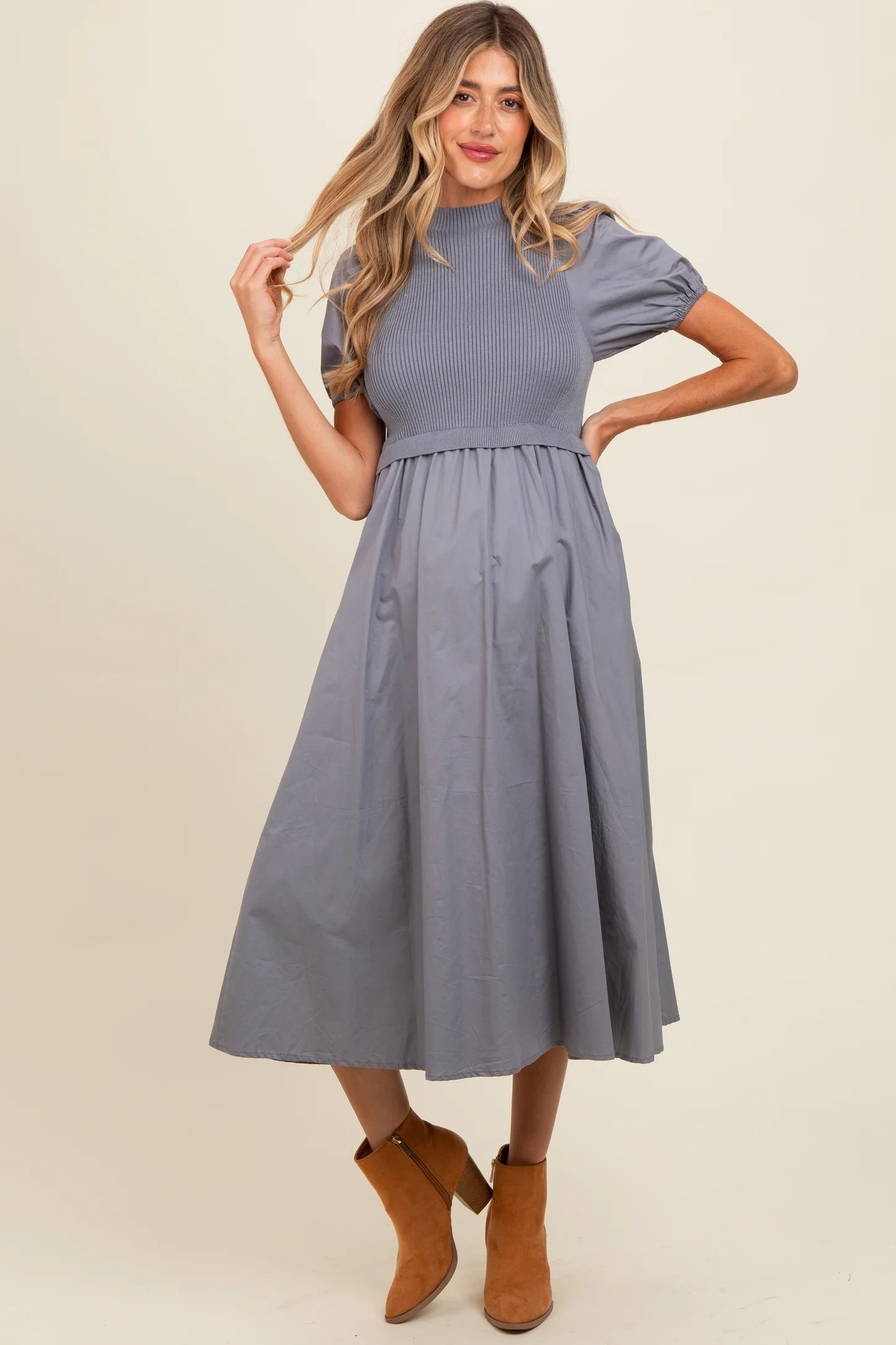 Blue Contrast Knit Bodice Maternity Midi Dress | PinkBlush Maternity