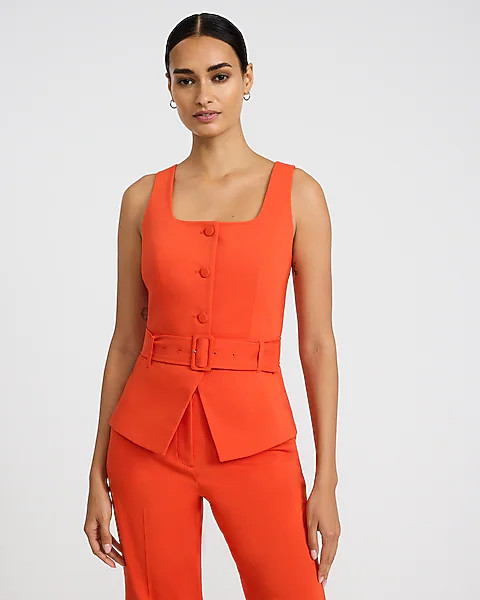 Stretch Cotton Square Neck Belted Blazer Vest | Express