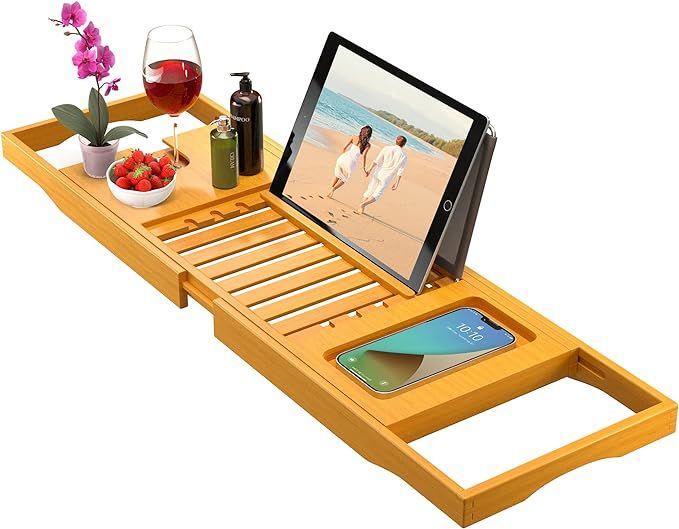 Premium Bamboo Bathtub Tray Caddy - Expandable Wooden Bath Tray - Adjustable Bathroom Tray for Tu... | Amazon (US)