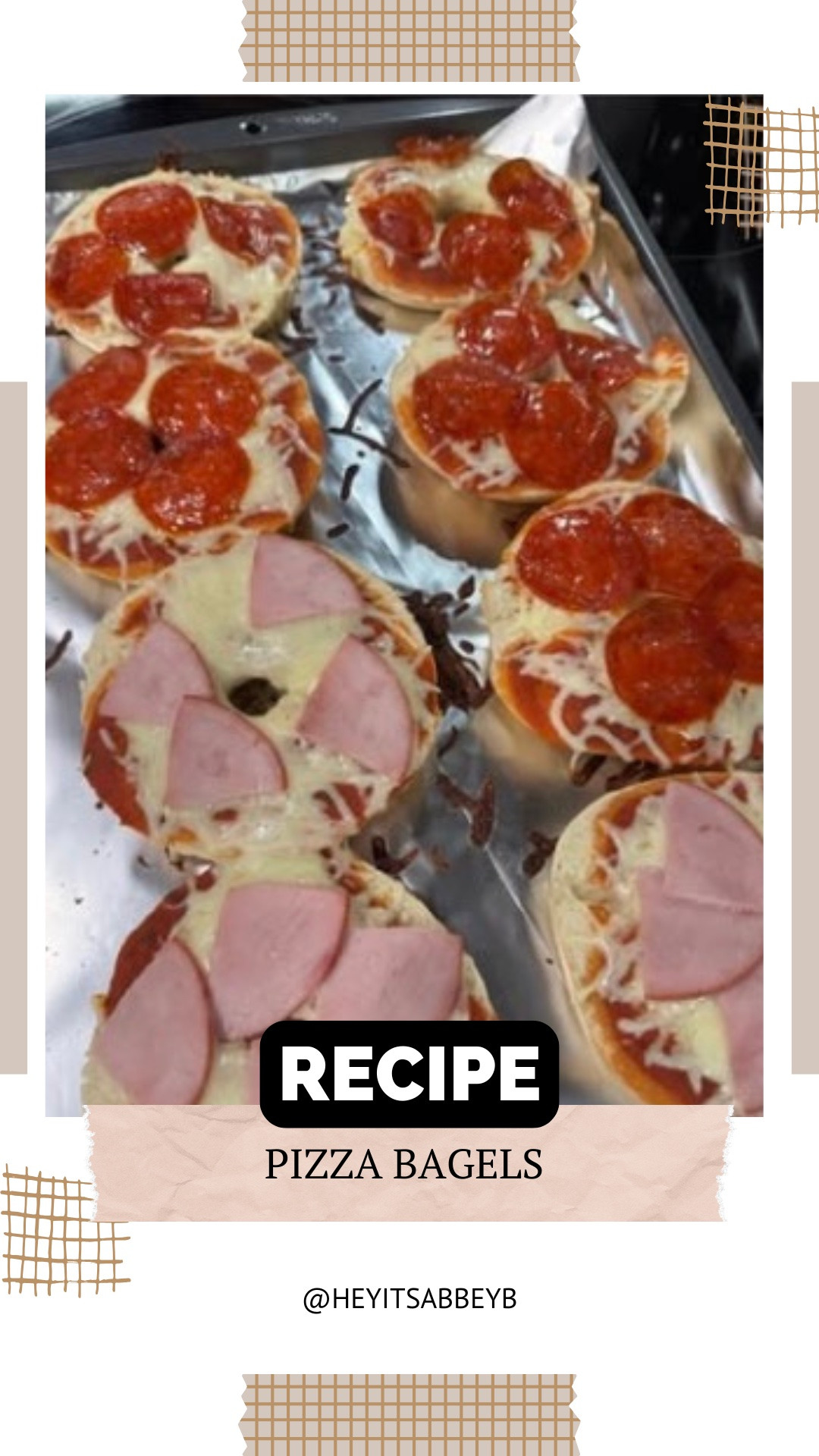 Going to have to bring these back into our meal rotation. It’s a kiddo favorite and super easy and quick to make. 

Comment recipe and I’ll send it directly to your inbox 📥 or see what you need here ⬇️ 

Ingredients
Package of bagels
Pizza sauce
Cheese
Whatever you love on your pizza
Instructions
Break the bagels in halt. Add your sauce, cheese, meat, and other toppings of your liking. Preheat oven to 350 degrees. Grab a sheet pan, put foil on it and place your pizzas on it. Cook for 10 minutes and enjoy!!


#food #foodlover #foodgasm #foodies #foodoftheday

#LTKfoodie #LTKvlog #LTKU