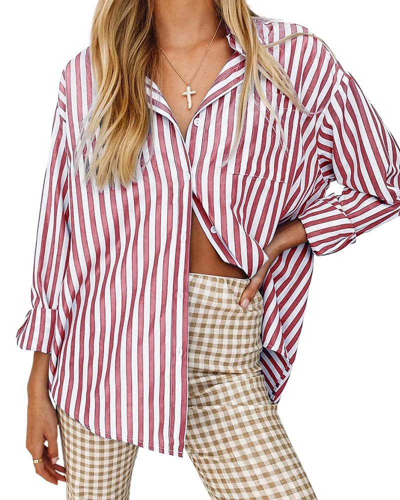 Women's Blouses Striped Long Sleeve Shirts Button Down Loose Fit Casual Tops | Amazon (US)