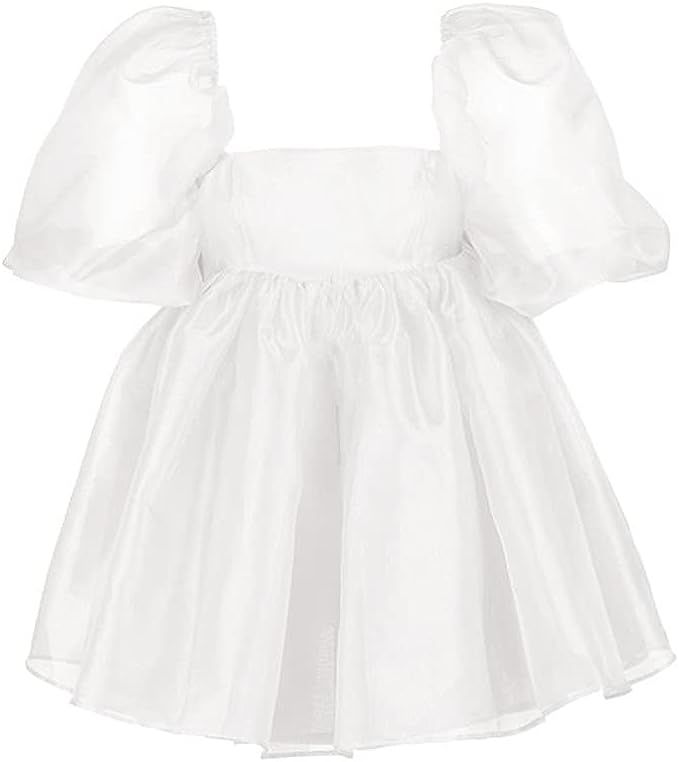 Puff Sleeve Dress for Women Vintage Graduation Party White Mini Prom Dresses Flare Tutu Tulle | Amazon (US)
