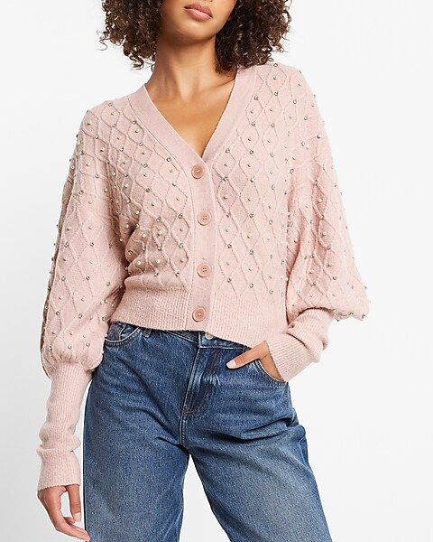 Embellished V-neck Balloon Sleeve Cardigan | Express