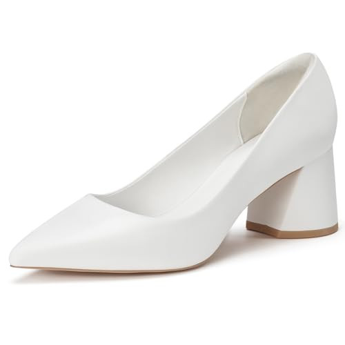 ALICEPUB White Heels for Women Closed Toe Chunky Block Comfy Pumps, Womens Formal Evening Shoes White Wedding Shoes for Bride, Business Casual Shoes Professional Office Shoes Work Heels, Size 9.5 | Amazon (US)