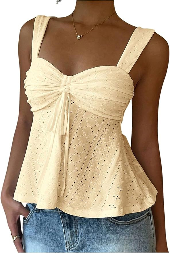 Milumia Women's Eyelet Tie Front Ruched Tank Tops Y2k Drawstring Sexy Going Out Top | Amazon (US)