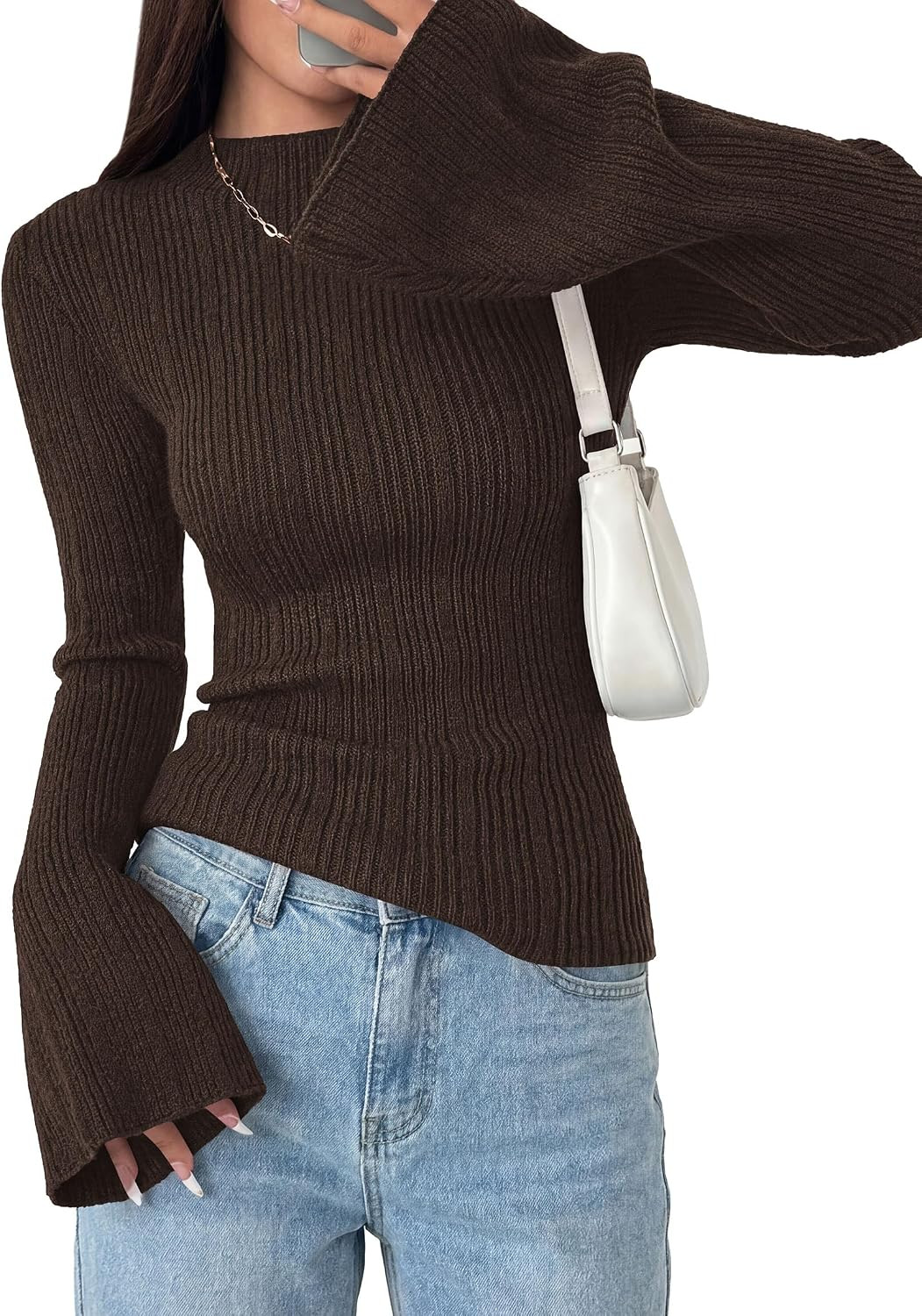 PRETTYGARDEN Womens Bell Long Sleeve Tops Mock Neck Sweaters | Amazon (US)