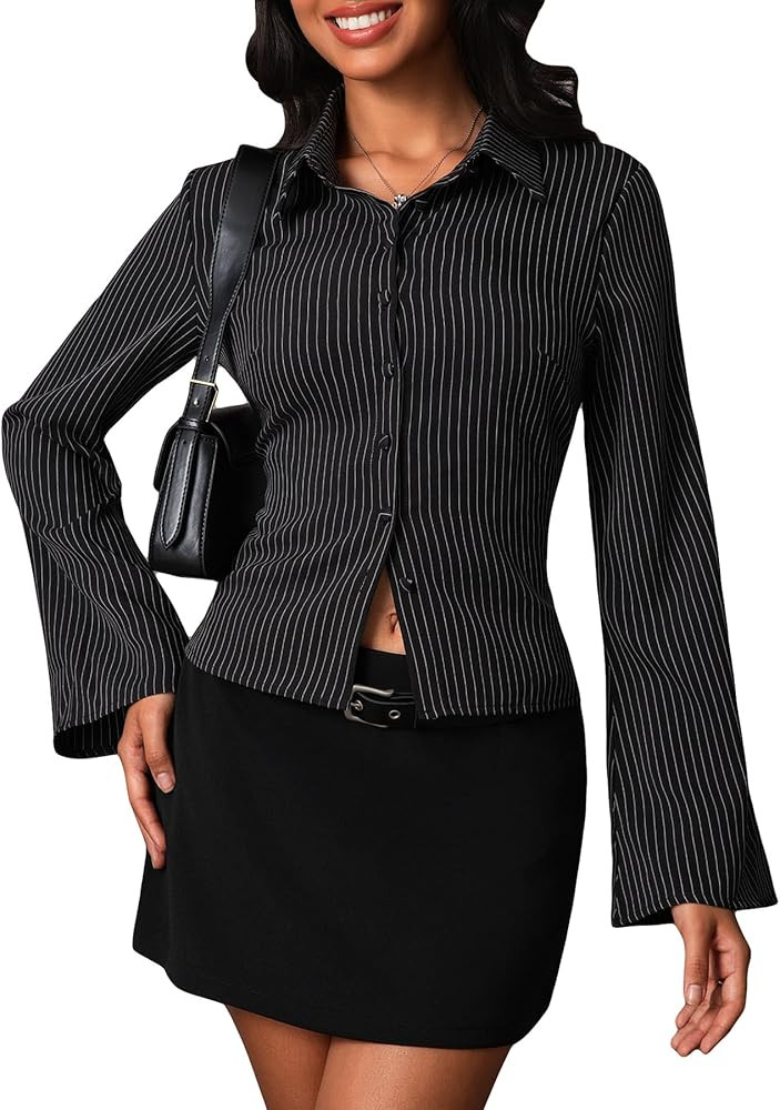 Women Striped Fitted Button Down Shirts Bell Long Sleeve Shirt Office Work Blouse Tops | Amazon (US)