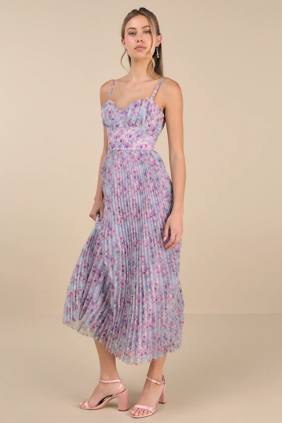 Alluring Invite Purple Multi Floral Pleated Bustier Midi Dress | Lulus