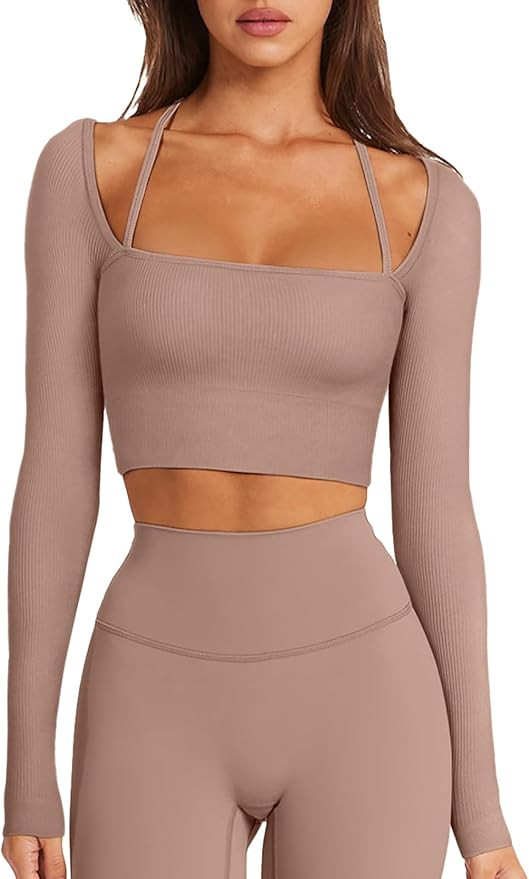LASLULU Womens Sexy Square Neck Crop Top Ribbed Seamless Long Sleeve Workout Tops Halter Neck Ath... | Amazon (US)