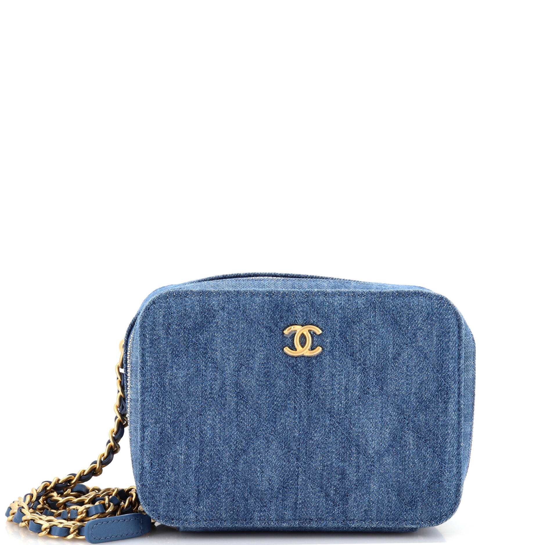 Pearl Crush Zip Around Vanity Case with Chain Quilted Denim Mini | Shop Simon