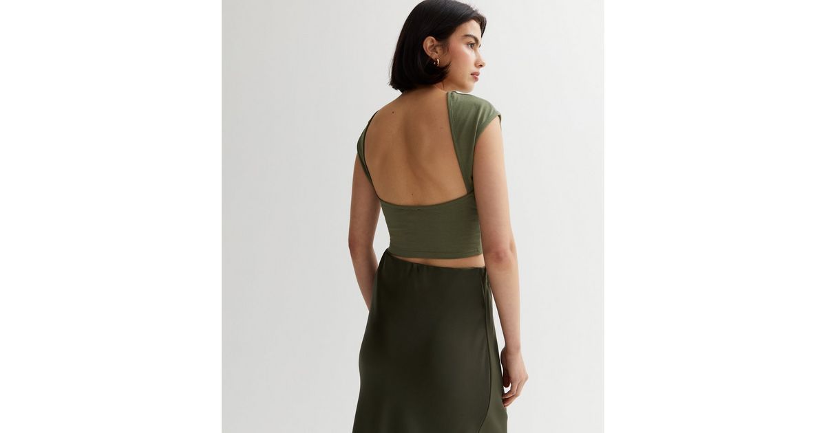 Khaki Cotton Blend Backless Crop Top
						
						Add to Saved Items
						Remove from Saved Item... | New Look (UK)