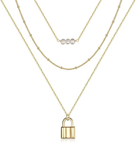 Amazon.com: Turandoss Layered Lock Necklace for Women, 14K Gold Plated Layered Pearls Lock Neckla... | Amazon (US)