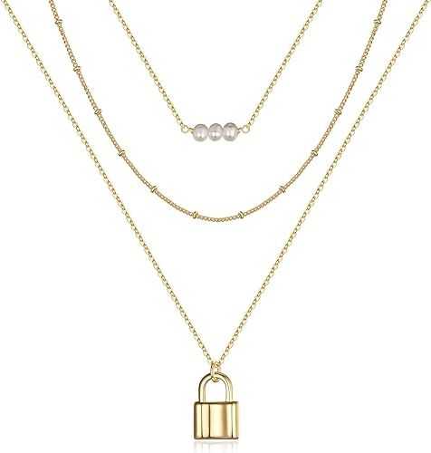 Amazon.com: Turandoss Layered Lock Necklace for Women, 14K Gold Plated Layered Pearls Lock Neckla... | Amazon (US)