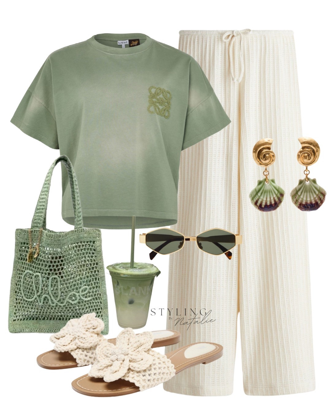 Comfy chic 🍃
Cropped Loewe tee in sage green, flowy knit trousers, crochet floral sandals, Chloé crochet tote bag , gold seashell earrings and Celine sunglasses. Beach chic, holiday outfit, vacation outfit, casual, comfy, laid back luxe, summer outfit, high street, H&M, Zara.

#LTKsummer #LTKeurope #LTKstyletip