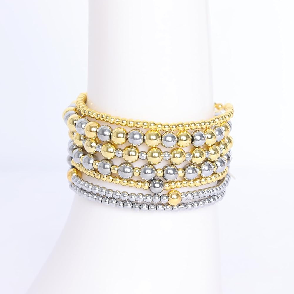 7Pcs Gold Bracelets for Women Gold Plated Beaded Bracelet Elastic Stretch Bead Ball Stack Set Str... | Amazon (US)
