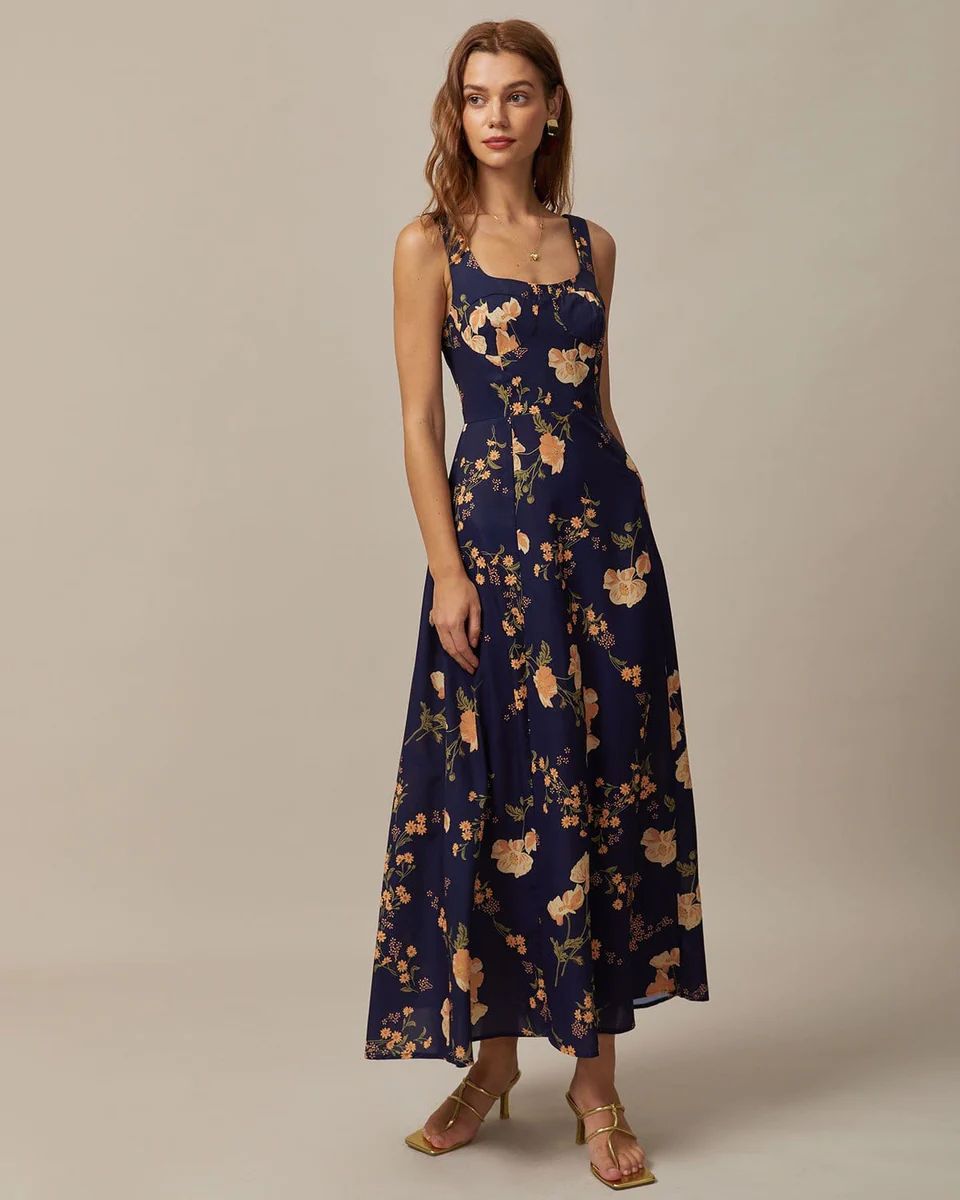 The Navy Floral Backless Maxi Dress - Navy Floral Print Sleeveless Backless A Line Maxi Dress - N... | rihoas.com