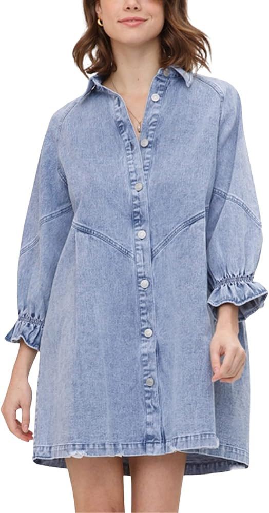 Himythe Women's Lantern Long Sleeve Denim Dress Button Down Shirt Jean Dress Collared Casual Tuni... | Amazon (US)