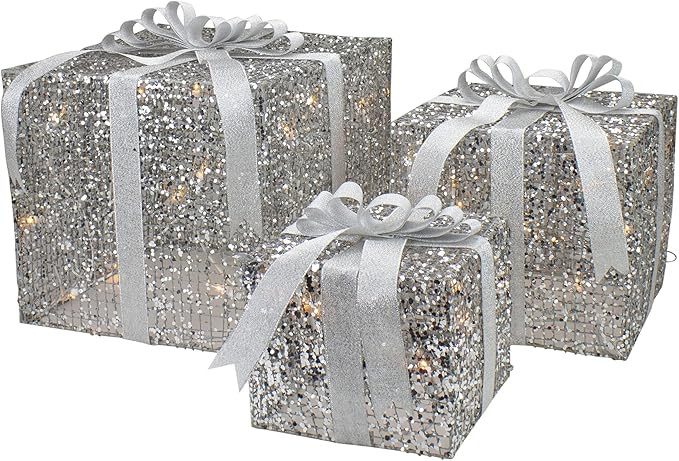 Set of 3 LED Lighted Silver Glitter Threaded Gift Boxes Outdoor Christmas Decoration | Amazon (US)