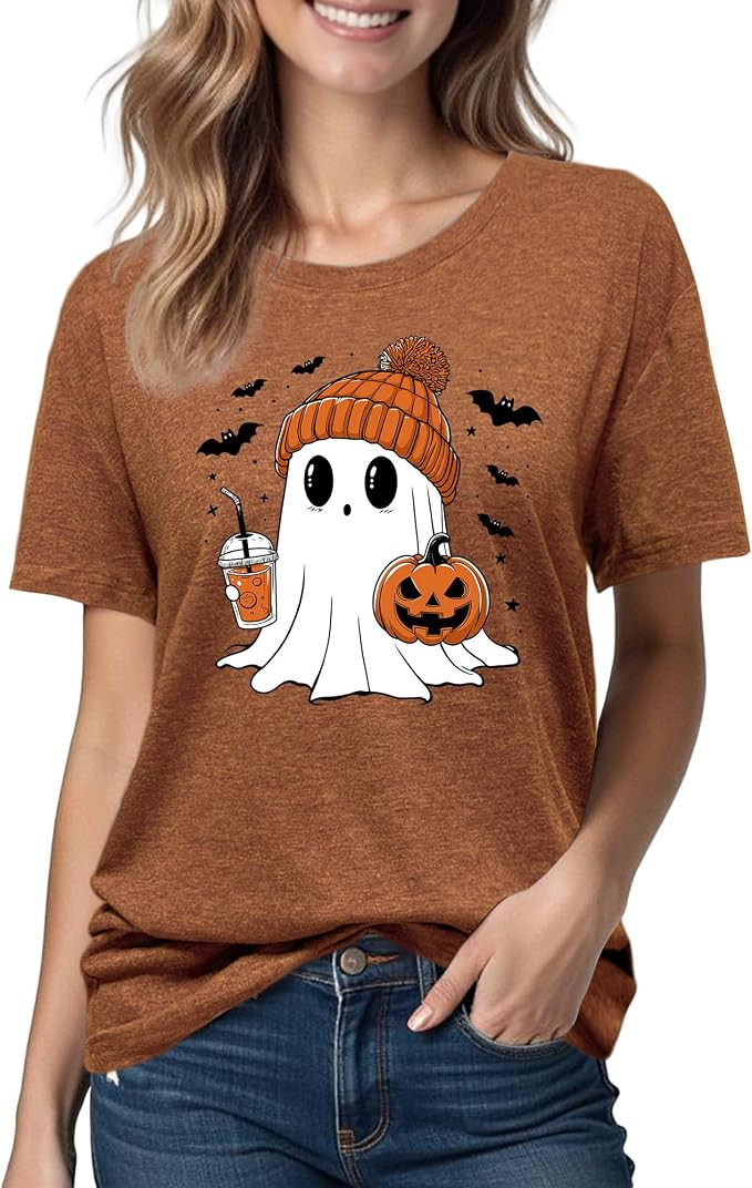 Halloween Shirts for Women: Pumpkin Ghost Short Sleeve Costume T-Shirt | Pumpkin ghost graphic sh... | Amazon (US)