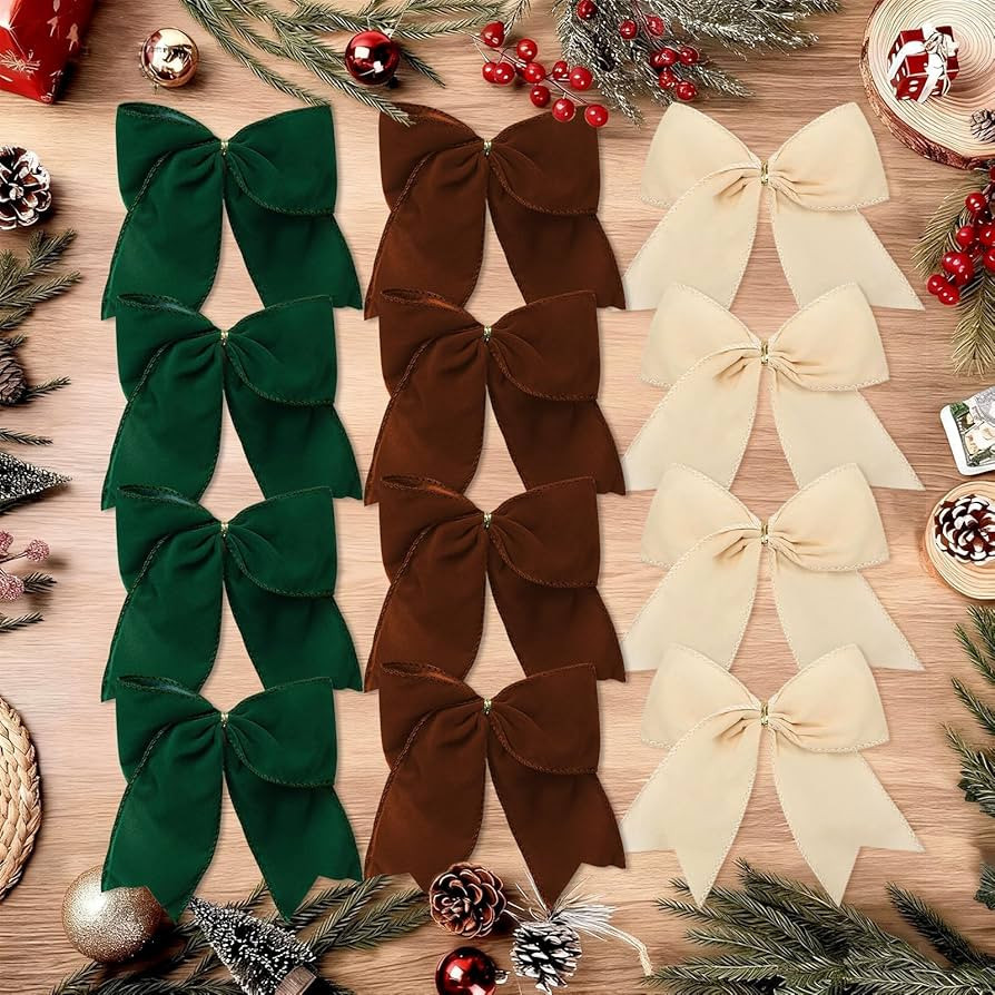 12 Pcs Vintage Velvet Christmas Bow Decor - Cozy Rustic 6 Inch Ribbon Bow Ornaments for Christmas... | Amazon (US)