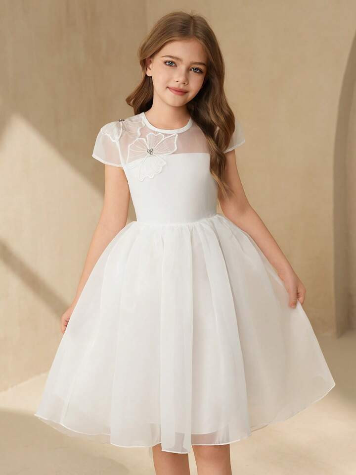 SHEIN Girls' Round Neck Mesh Patchwork Princess Dress, Wedding Bridesmaid Dress | SHEIN