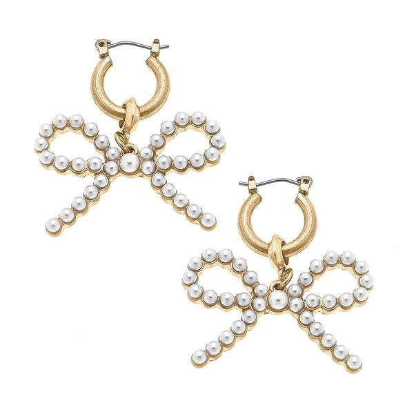 Kellie Pearl-Studded Bow Drop Earrings in Ivory | CANVAS