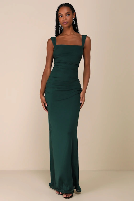 Amazing Presence Dark Green Mesh Ruched Column Maxi Dress | Lulus