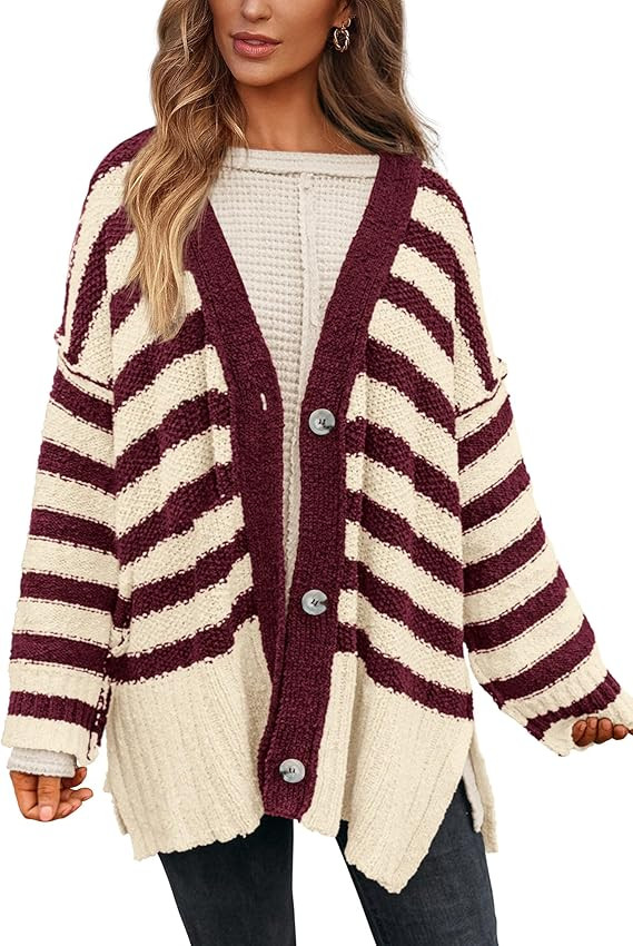 PRETTYGARDEN Women's Winter Striped Cardigan Sweaters Long Sleeve Button Down Open Front Chunky K... | Amazon (US)
