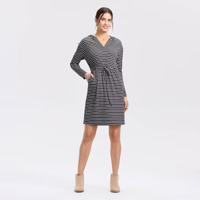 Women's Long Sleeve Knit Mini A-Line Dress - Universal Thread™ Dark Gray/White Striped XXL | Target