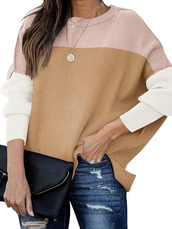 Prinbara Women Crewneck Batwing Sleeve Oversized Side Slit Ribbed Knit Pullover Sweater Top | Amazon (US)