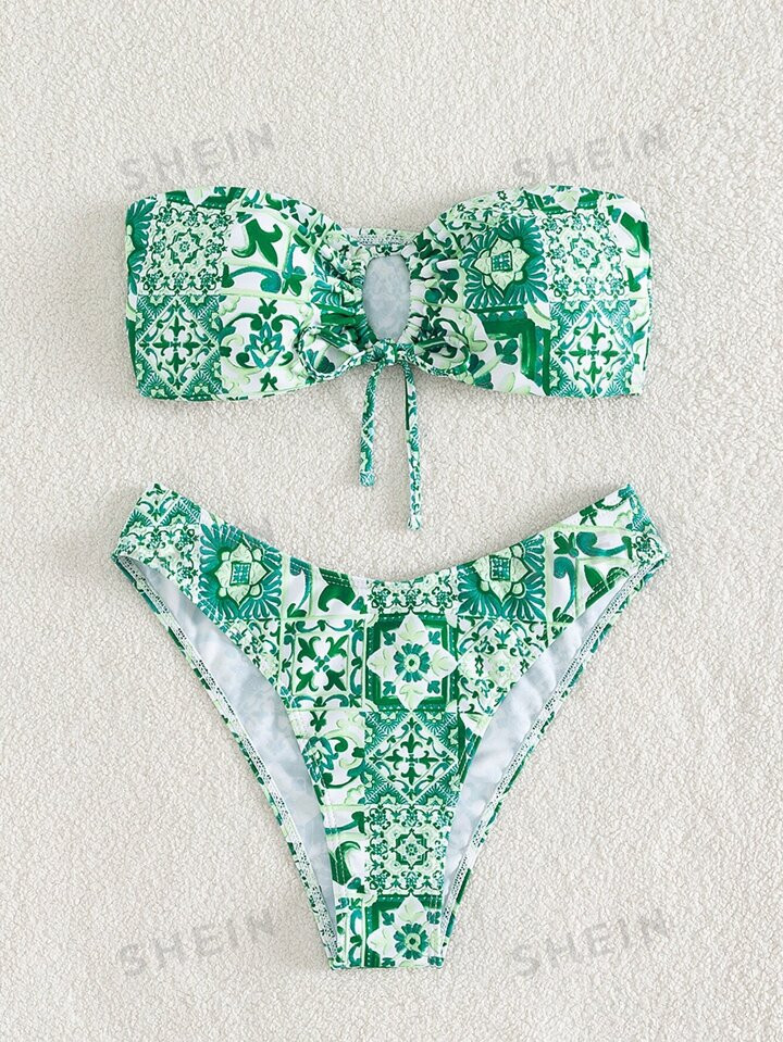 SHEIN Swim BohoFeel Floral Print Bikini Set Drawstring Bandeau Bra Top & Bikini Bottom 2 Piece Sw... | SHEIN