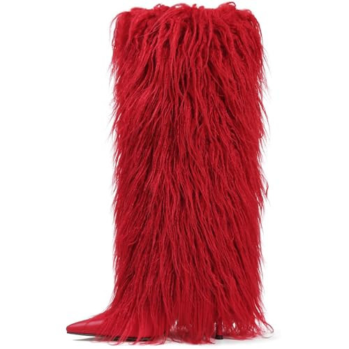 Womens Fold Over Fur Boots Knee High Sexy Stiletto Red Heels Tall Furry Boot Pointed Toe Heeled Boots for Party Evening Fashion Shows | Amazon (US)
