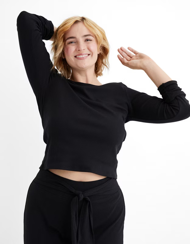 Aerie Ribbed Long Sleeve Cropped T-Shirt | American Eagle Outfitters (US & CA)