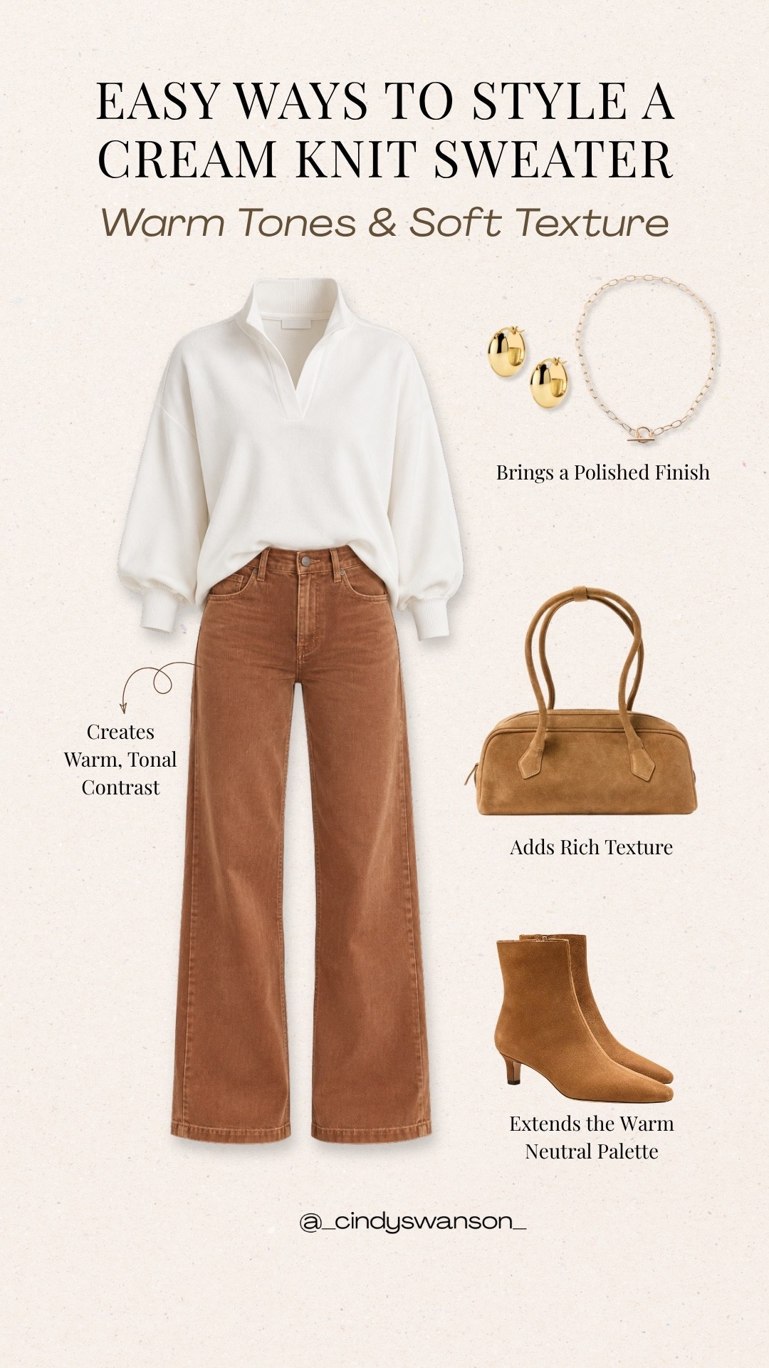 This cream knit sweater with warm brown wide-leg jeans is such a beautiful neutral combination. I love how the tonal brown accessories keep the outfit cohesive while the ankle boots add a polished finish. An easy, timeless formula for everyday style.

#LTKootd #LTKgrwm #LTKOver40