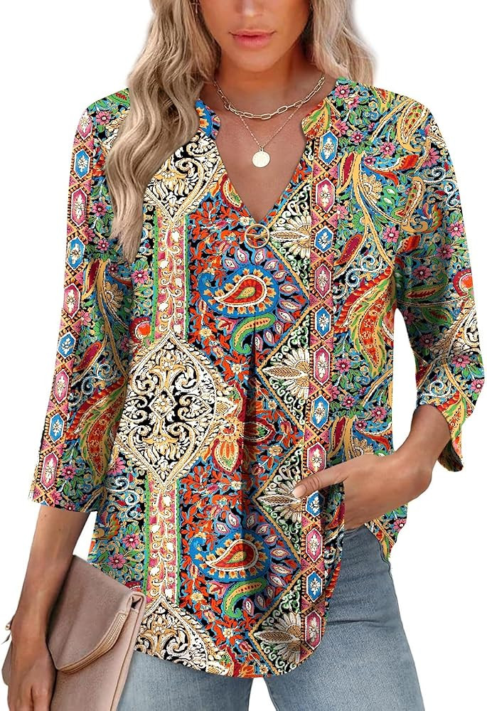 LOMON 3/4 Length Sleeve Womens Tops V-Neck Blouses Dressy Casual Flowy Shirts Business Tunic to W... | Amazon (US)