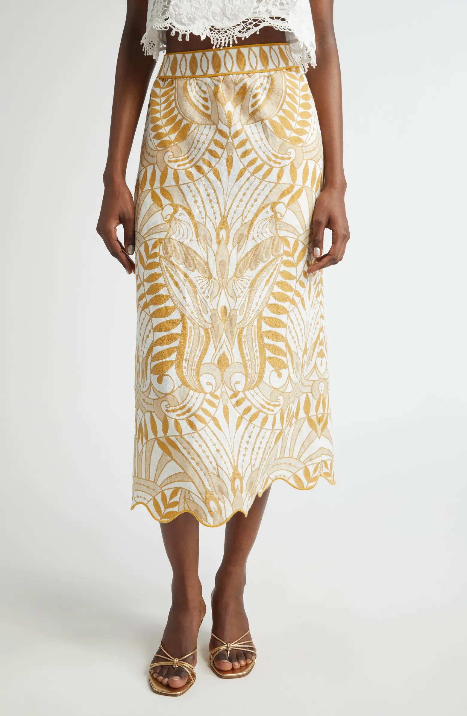 FARM Rio Lace Nature Linen Midi Skirt | Nordstrom | Nordstrom