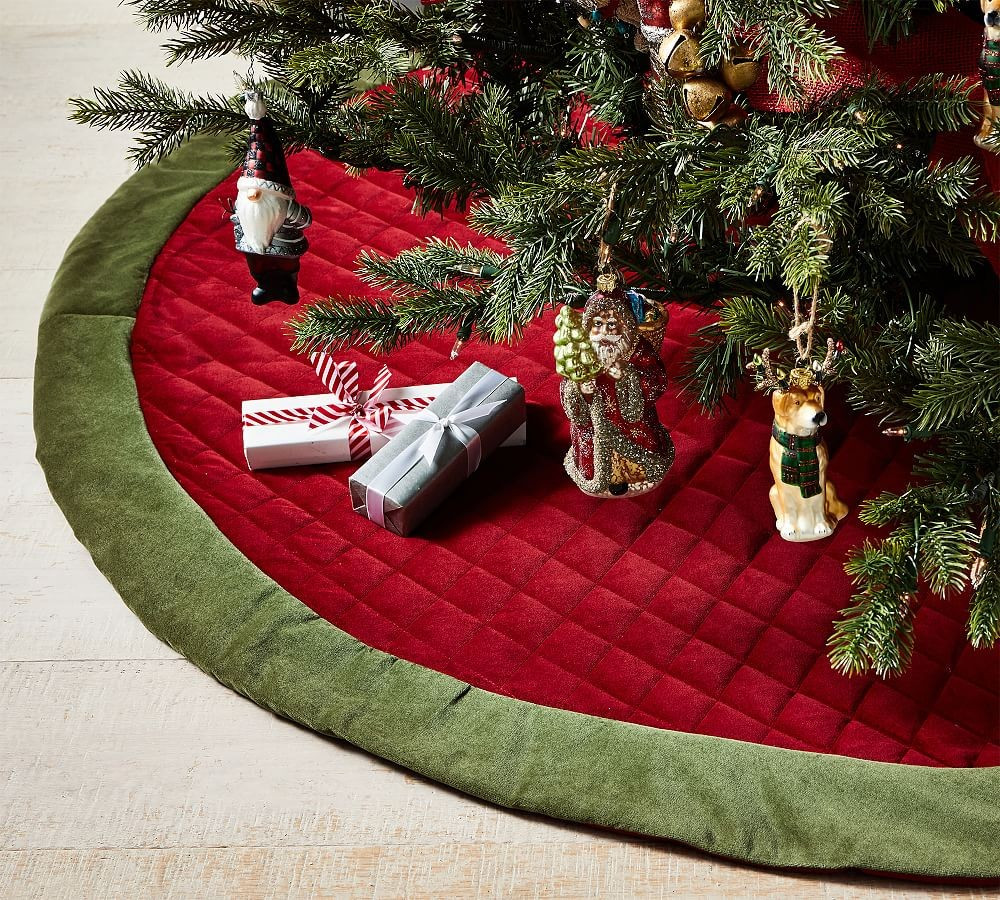 Classic Velvet Personalized Tree Skirt, Red with Green Cuff - 60""D | Pottery Barn (US)