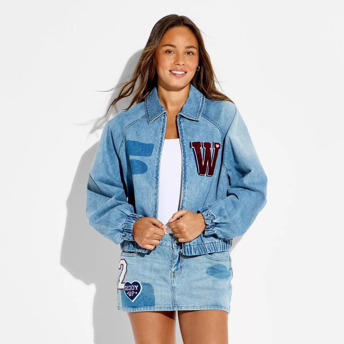 Women's Denim Patchwork Varsity Jacket - Wild Fable\u2122 Medium Wash L | Target