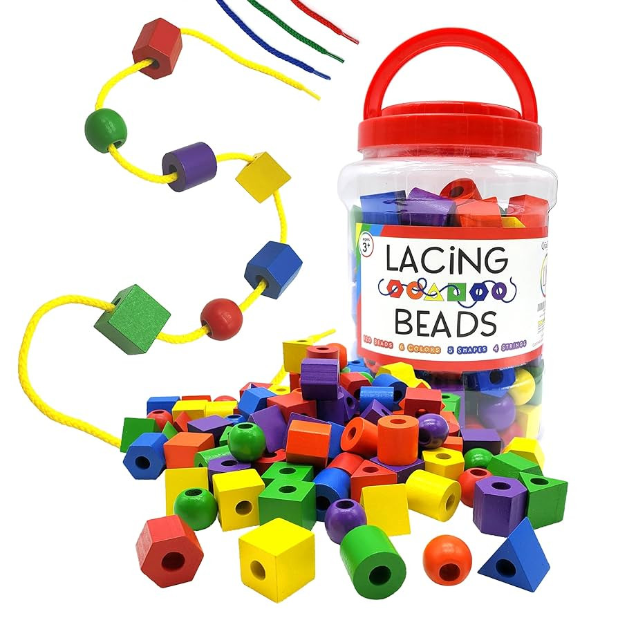 Wooden Lacing Beads for Toddlers 1-3 & 3-5 – 125 PCS with Storage Tub | Stringing Beads for Tod... | Amazon (US)