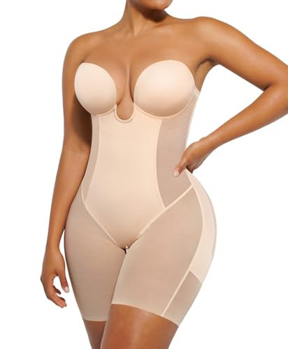 SHAPELLX Tummy Control Shapewear Bodysuit for Women U Plunge Backless Full Body Shaper Shapewear with Built-in Bra M+ | Amazon (US)