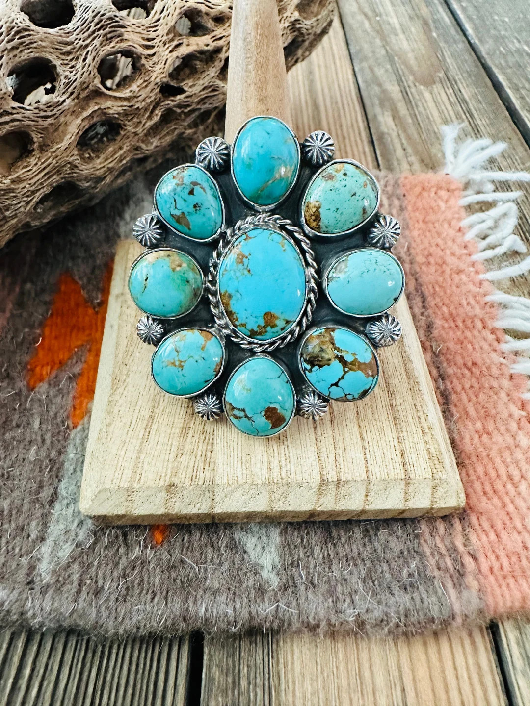 Navajo Sterling Silver and Royston Cluster Adjustable Ring - Etsy | Etsy (US)