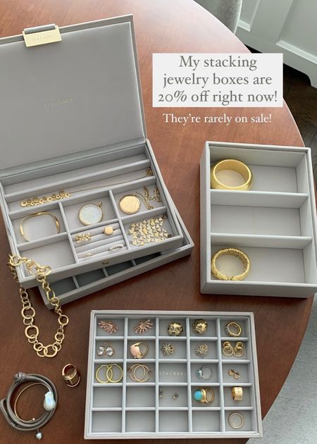 My favorite stackable jewelry boxes are 20% off right now!! They’re rarely on sale so take advantage 🙌🏼 love that you can stack as many as you need. The top layer has a lid and the rest are trays - which you can choose any configuration. My color is taupe in the classic size. 

Jewelry box
Gold jewelry 
Watch
Gold watch
Watches
Storage
Organization 


#LTKhome #LTKfindsunder50 #LTKfindsunder100