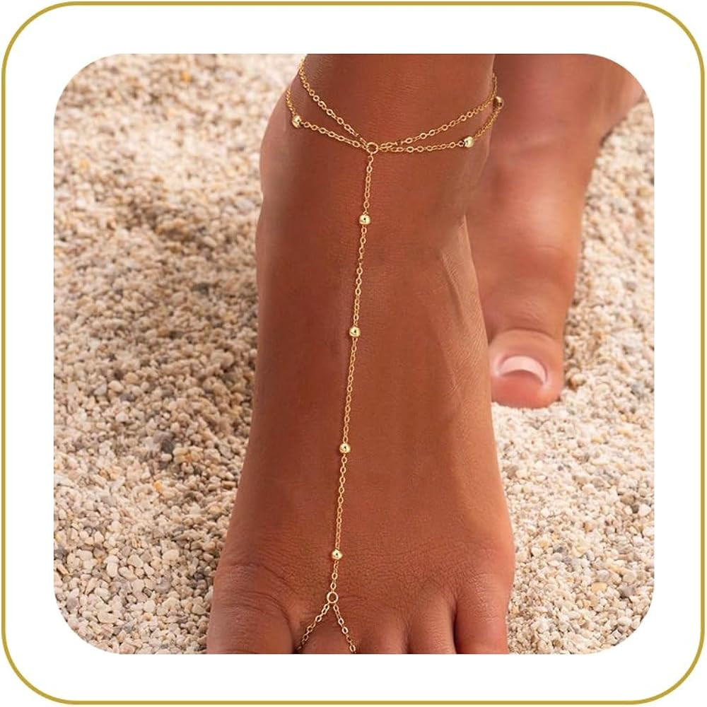 Dainty Anklet for Women - Trendy 14K Gold Plated Ankle Bracelets Adjustable Bead Link Chain Water... | Amazon (US)