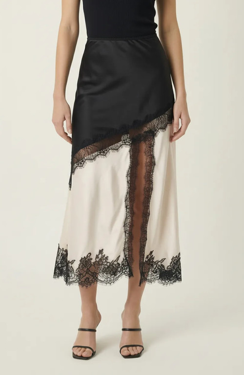 Modenaire Lace Trim Asymmetric Satin Midi Skirt with Contrast Panel in Beige at Nordstrom, Size Medium | Nordstrom