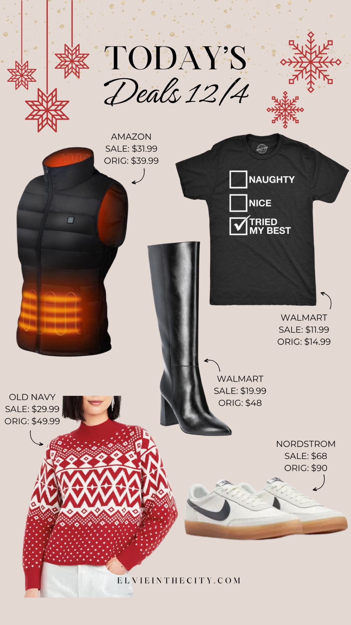 Today’s deals include a heated vest from Amazon, a “naughty or nice” tee from Walmart, knee-high boots from Walmart, a Fair Isle sweater from Old Navy, and Nike sneakers from Nordstrom.

Deal of the day, gifts for him, gifts for her, gift guide, affordable fashion, fashion over 40, gifts under 25, gifts under 50 

#LTKGiftGuide #LTKFindsUnder50 #LTKSaleAlert