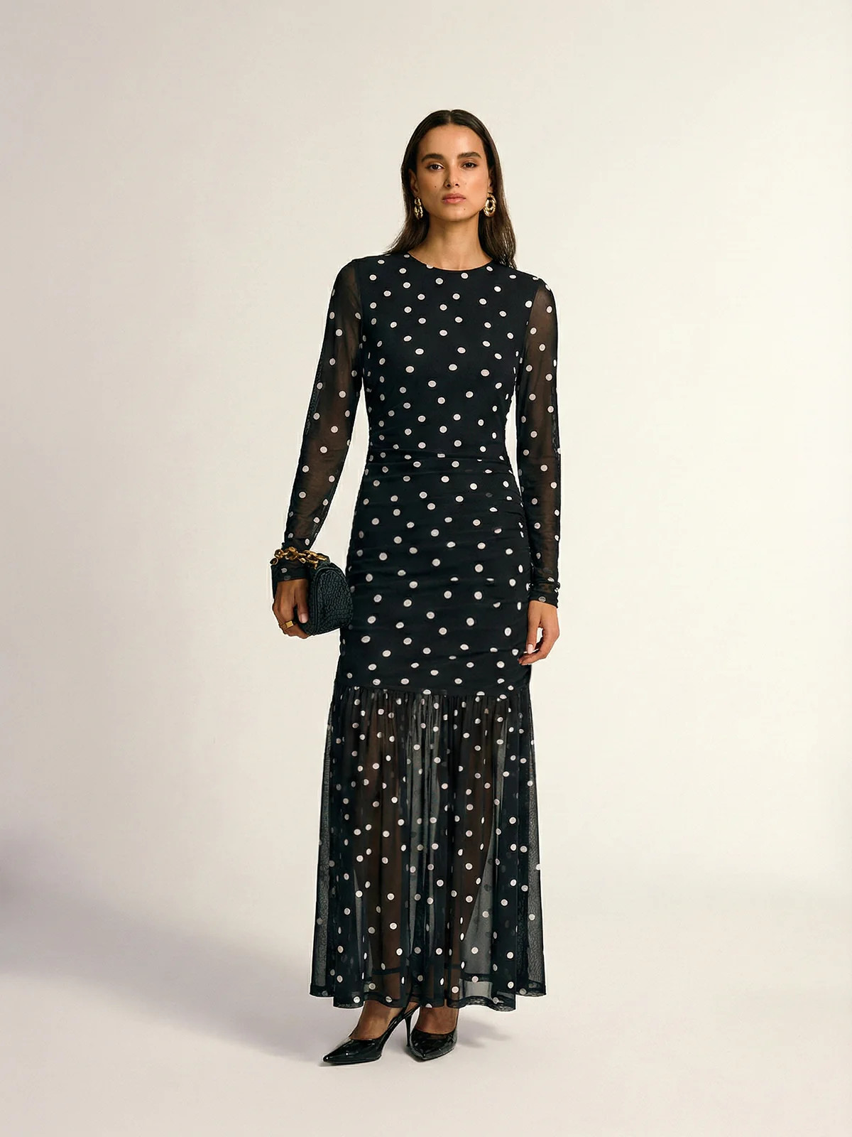 Polka Dot Sheer-Mesh Ruched Maxi Dress | Commense