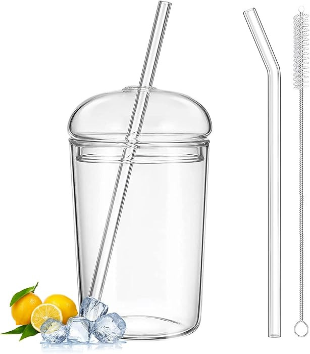 Glass Cup with Lid and Straw, 16oz Iced Coffee Cups with Lids, Glass Tumbler with Dome Lid, Glass... | Amazon (US)